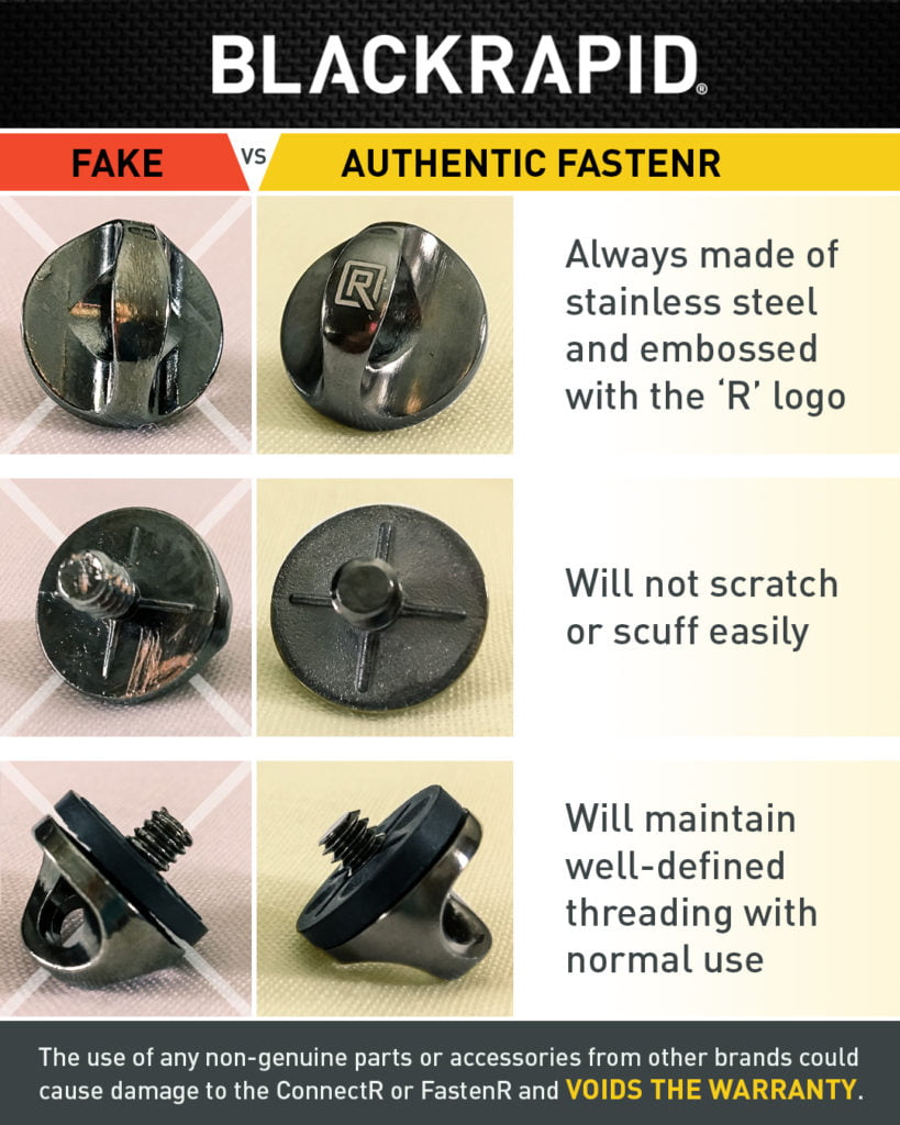 COUNTERFEIT HARDWARE WARNING: USE OF NON-BLACKRAPID HARDWARE VOIDS WARRANTY