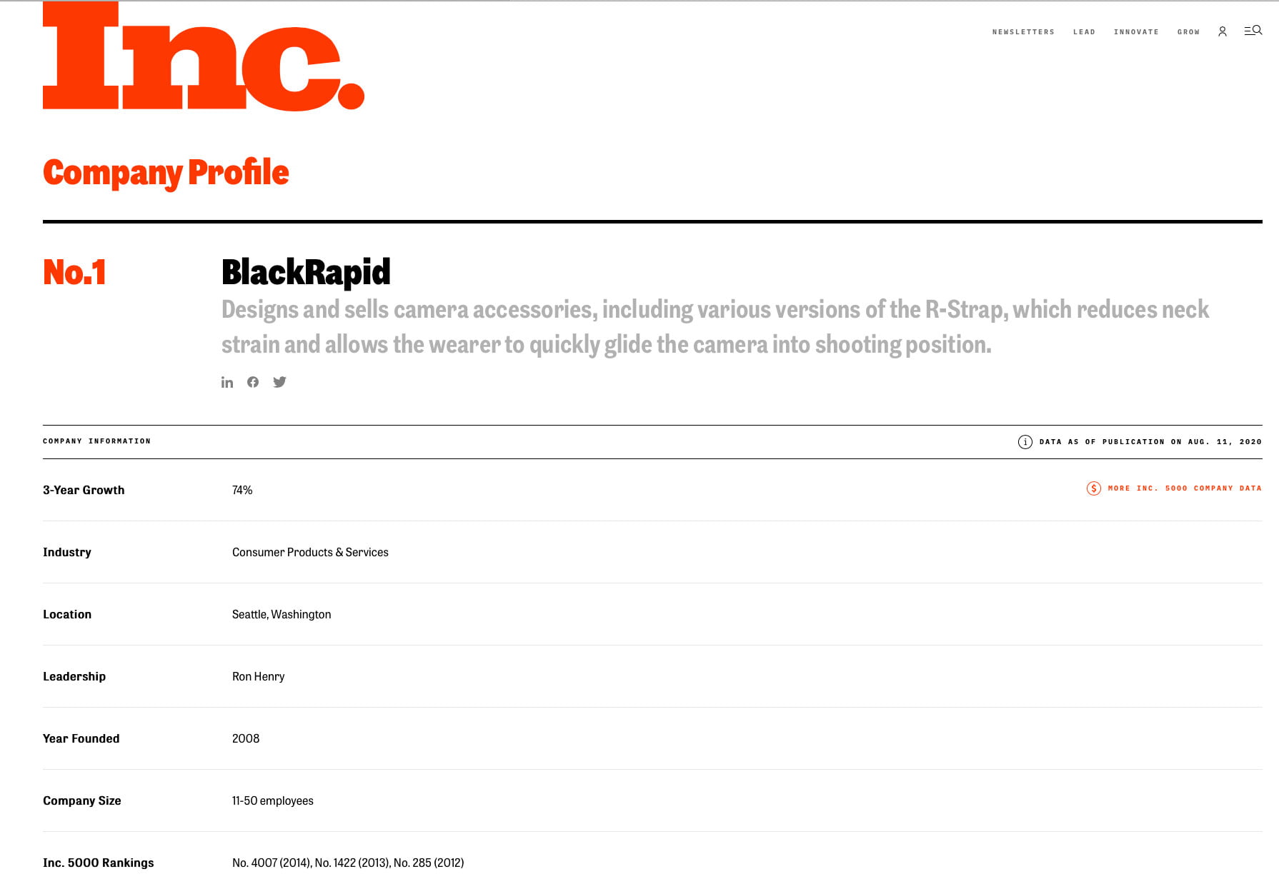 BlackRapid on Inc's Top Companies 2012, 2013, 2014 1